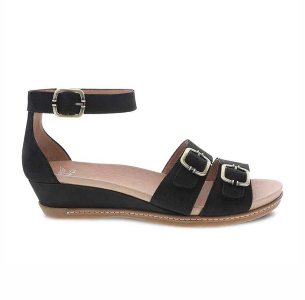 Dansko Astrid Wedge Sandals Nubuck Leather Scotchgard Ankle Strap Buckle Black 8